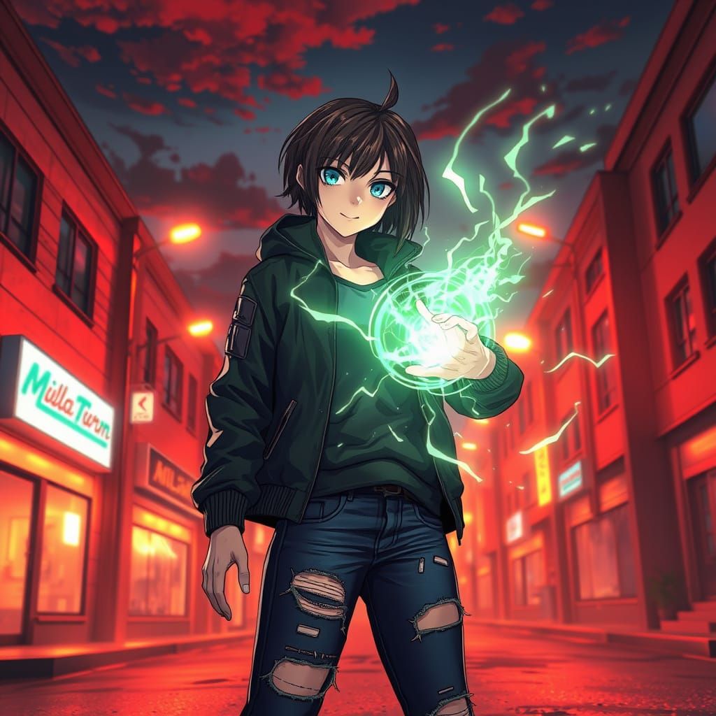 Surreal Anime Cityscape with 3D-Rendered Action Heroine