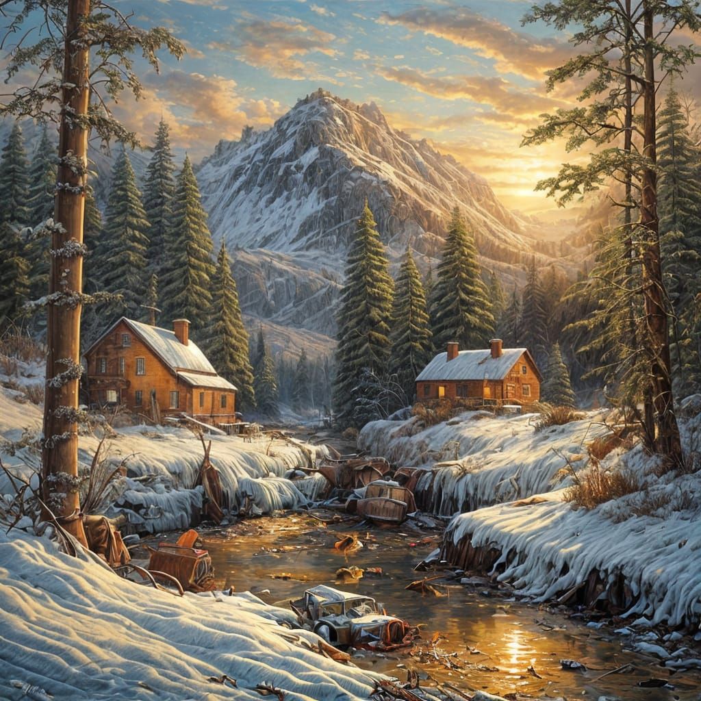 Winter Landscape Emerging From Paint Can at Sunset