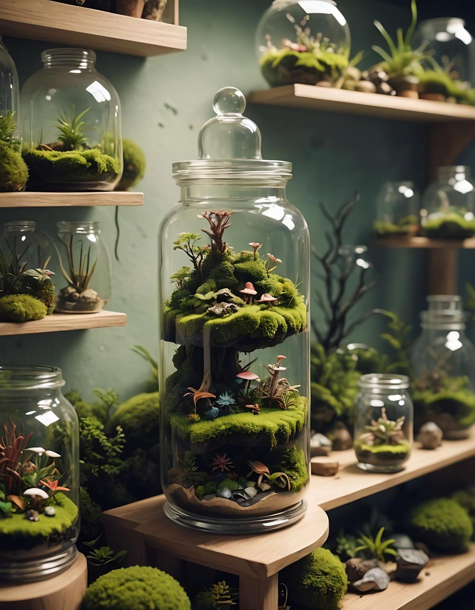 Miniature Mosscaped Terrarium Jar: Surreal Digital Art