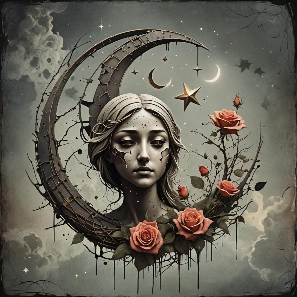 Surreal Broken Moon and Wilted Rose: A Dreamscape of Loss