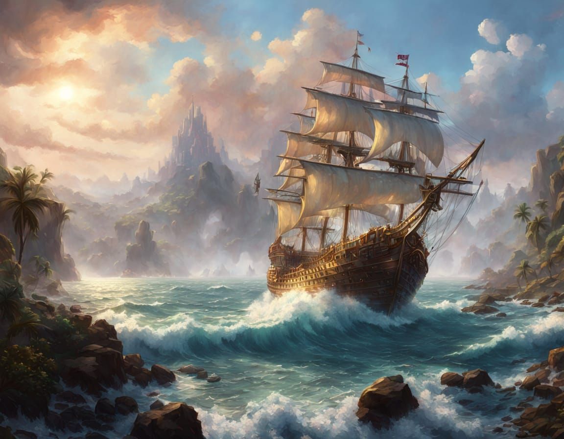 Surreal Spanish Galleon Sails Across a Celestial Sea in a Dr...