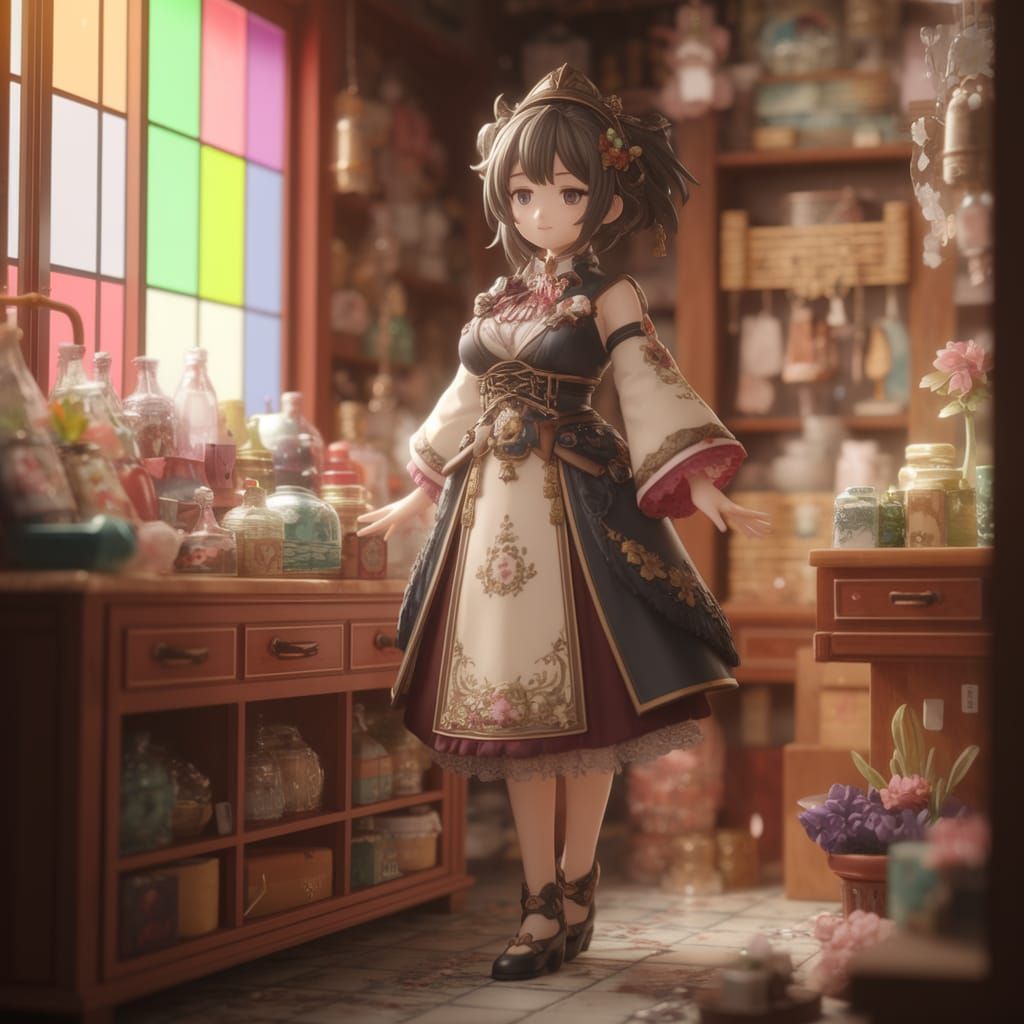 Anime-Style Shopkeeper in Whimsical Fantasy Shop