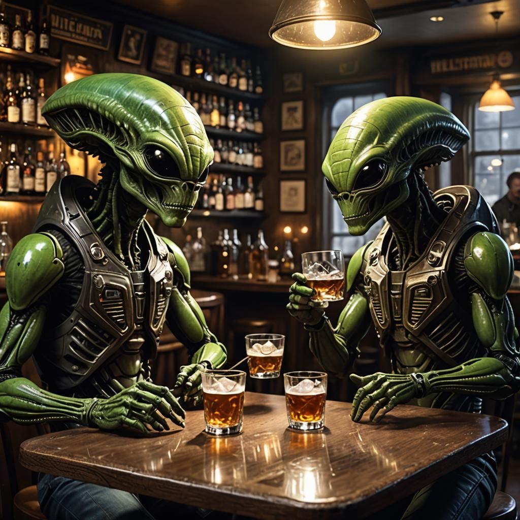 Aliens Drinking Whisky in a Pub Scene