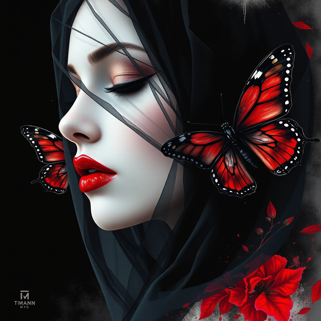 Enigmatic Woman Portrait with Veil in Watercolor Style