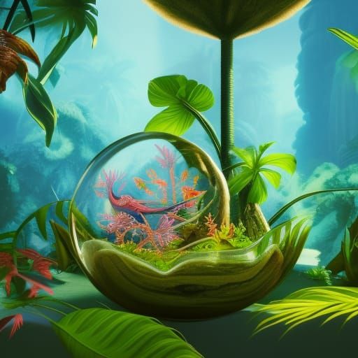 Fantasy forest Exquisite tropical birds inside glass bowl, 8k resolution concept art Eldritch Steven Belledin Stephen Hi...