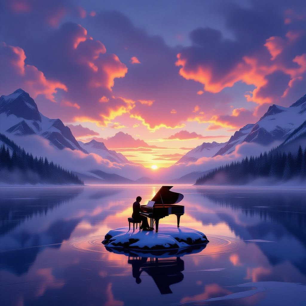 Surreal Sunset Piano Performance on Frozen Lake