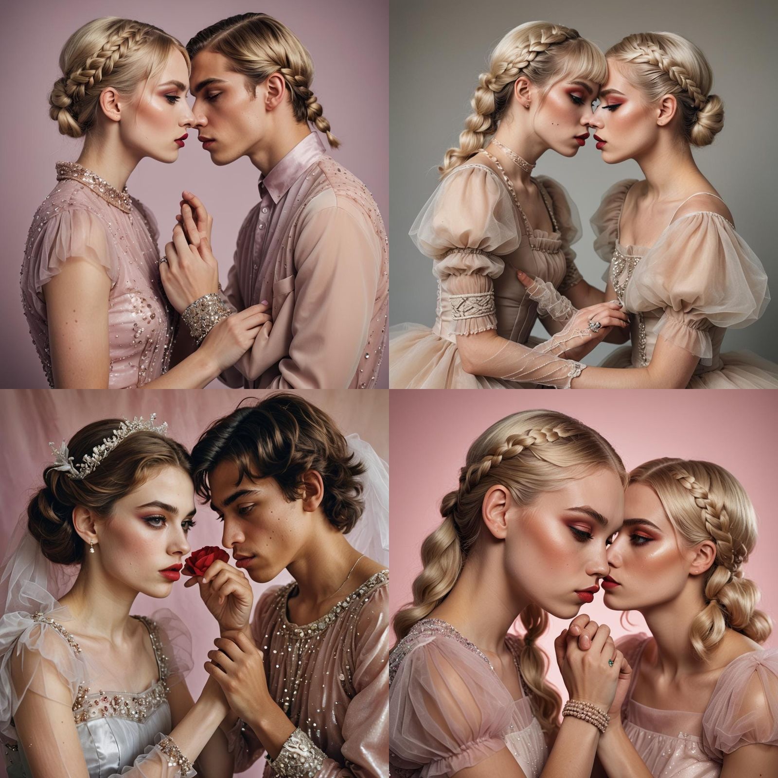 Young Woman Kissing Hand of Man in Tulle Dress