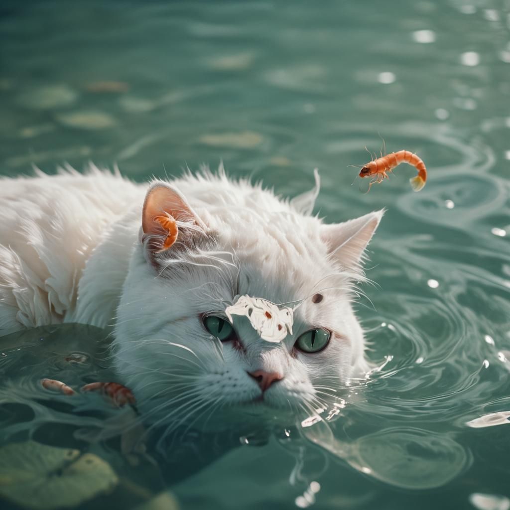 White Cat and Shrimp Underwater in Dreamy Film Still