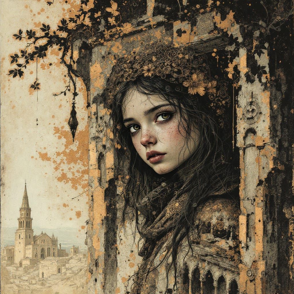 Young Girl in Crumbling City Portrait on Tea-Stained Parchme...