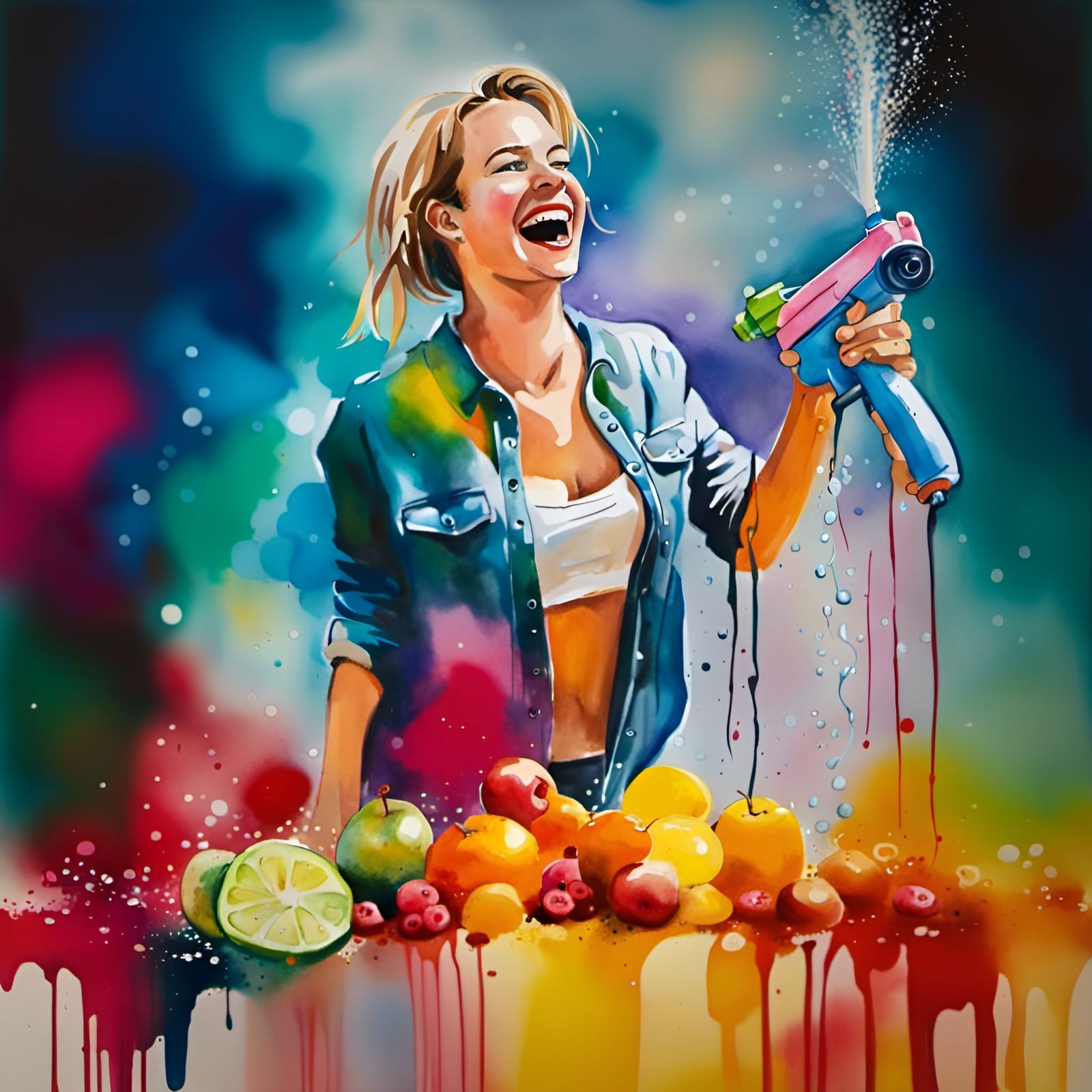 Laughing Woman in Vivid Watercolor Painting