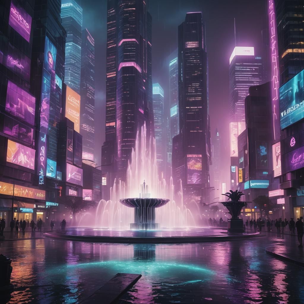 Cyberpunk Cityscape Fountain at Night: 3D Digital Art