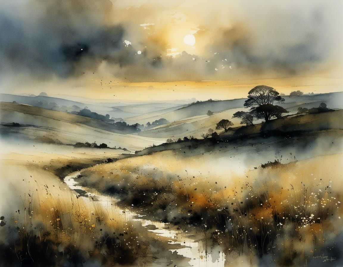 Luminous Moorland Landscape in Intricate Watercolor Style