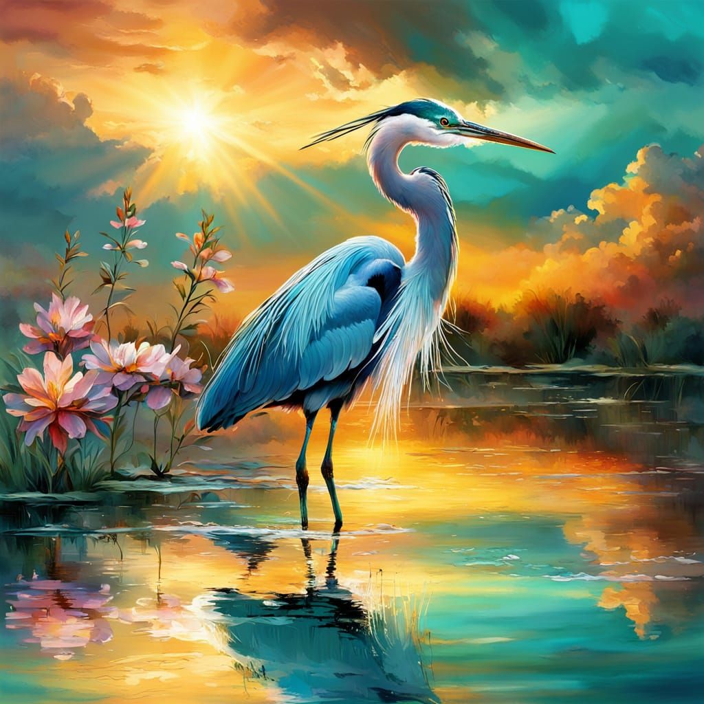 Magical Heron at Sunset with Turquoise Lake