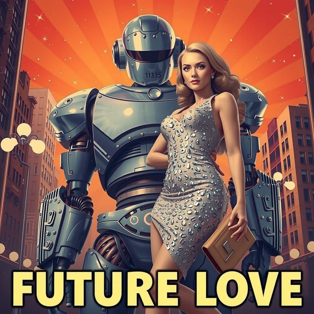 Retro Future Love: Cyborg & Woman in Art Deco City