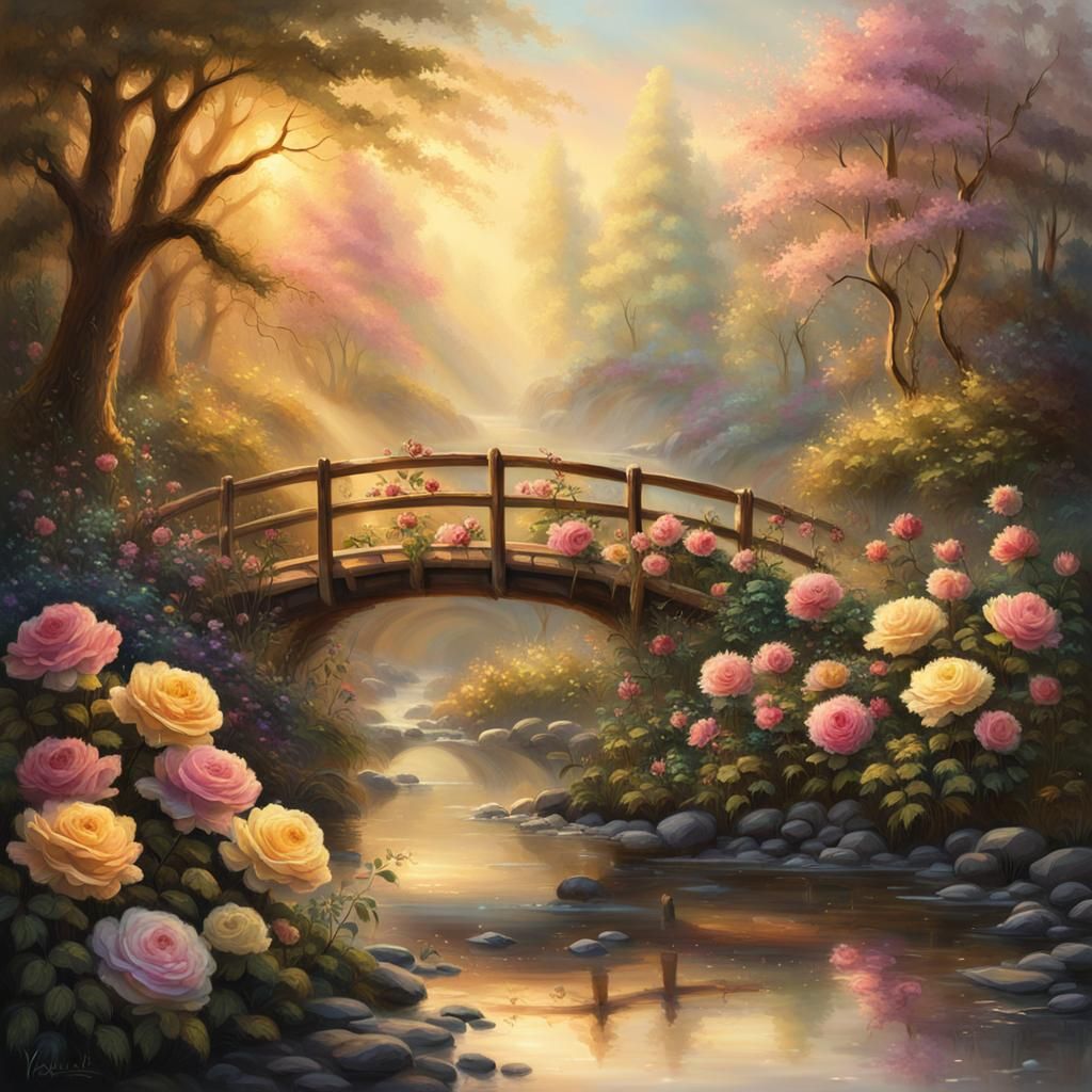 Lush Forest Fantasy with Golden Light and Colorful Roses