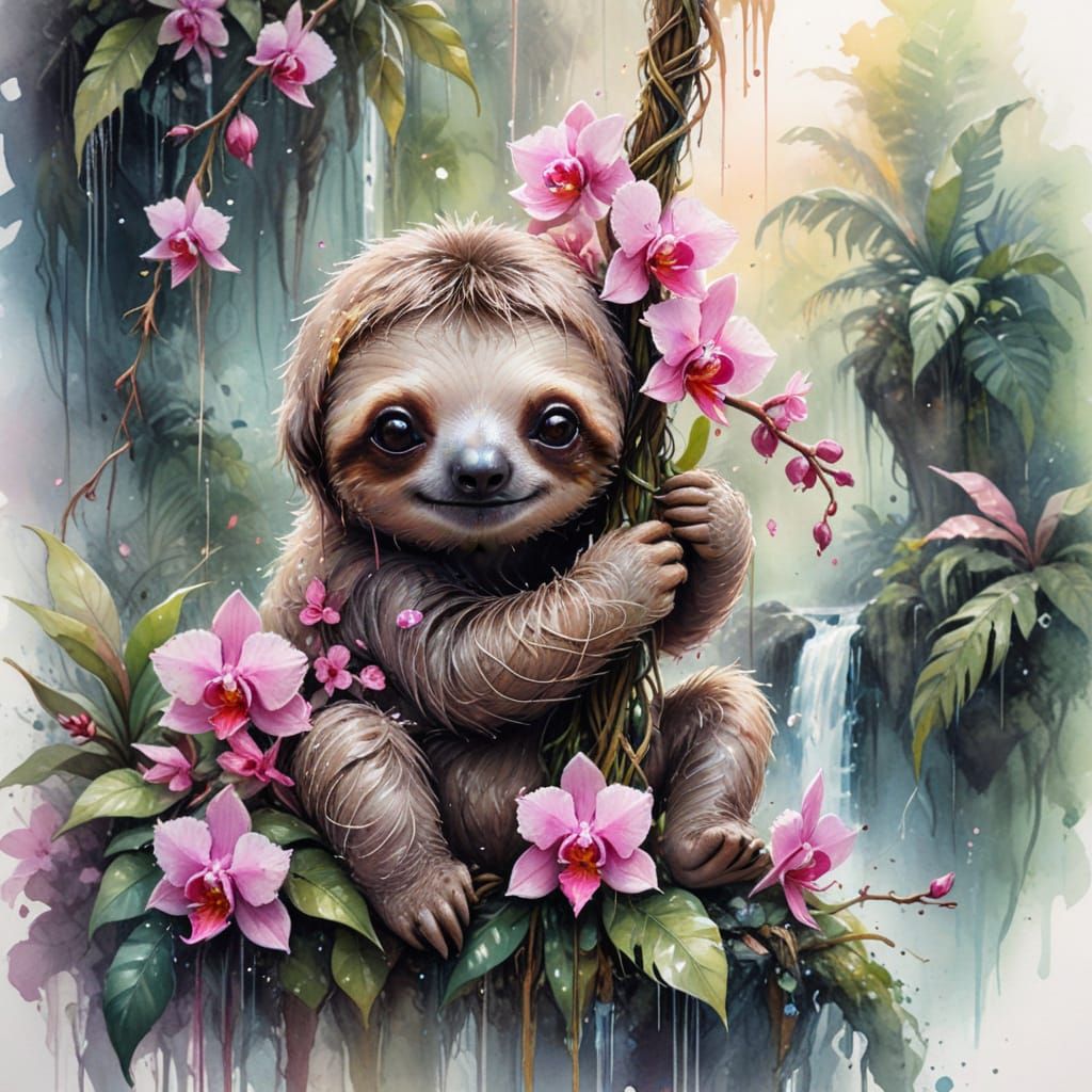 Kawaii Sloth with Orchids and Waterfall