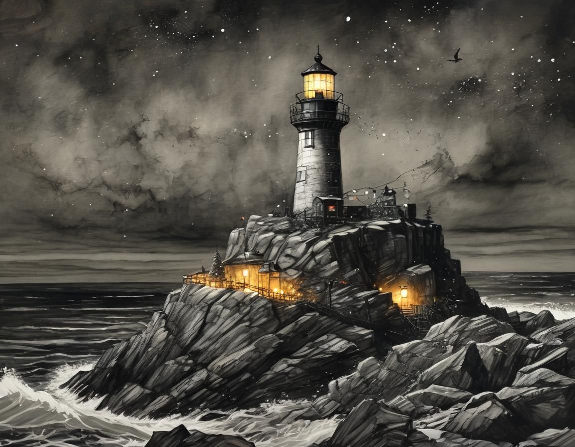 Festive Lighthouse Shines in Winter Seascape
