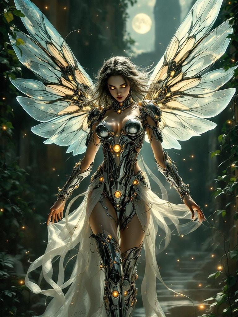 Fae Mech Angel in Steampunk Ruins: Sorayama and Caravaggio F...
