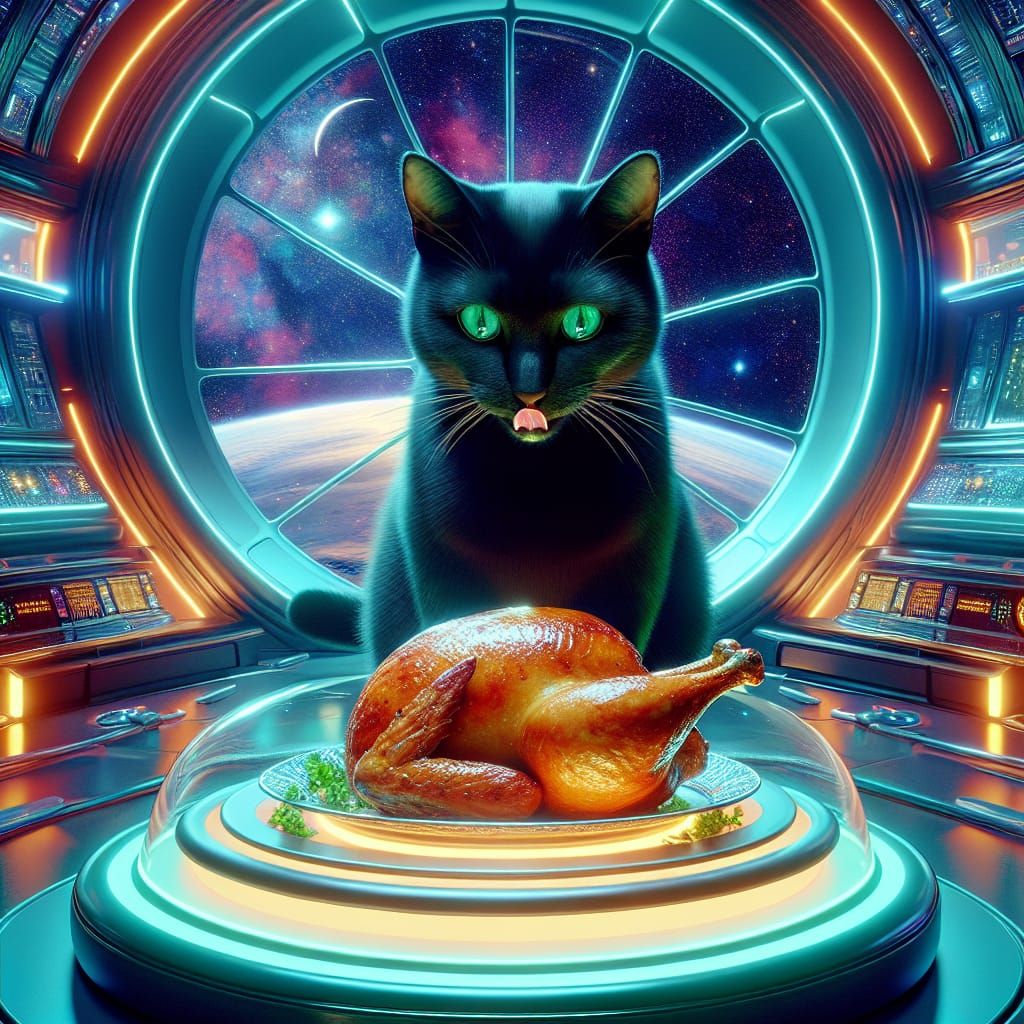Black Cat Enjoys Chicken in Futuristic Space Station