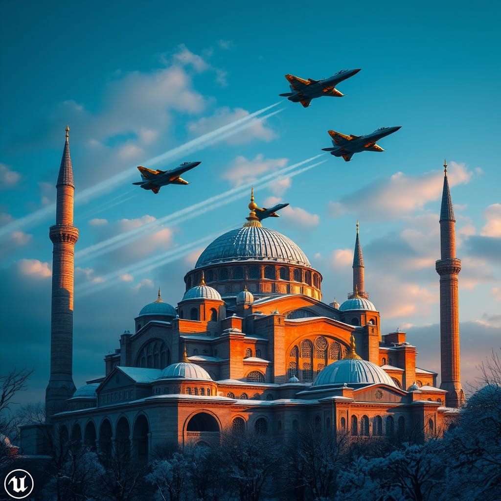 Byzantine Jet Fighters Soar Above Snow-Covered Hagia Sophia