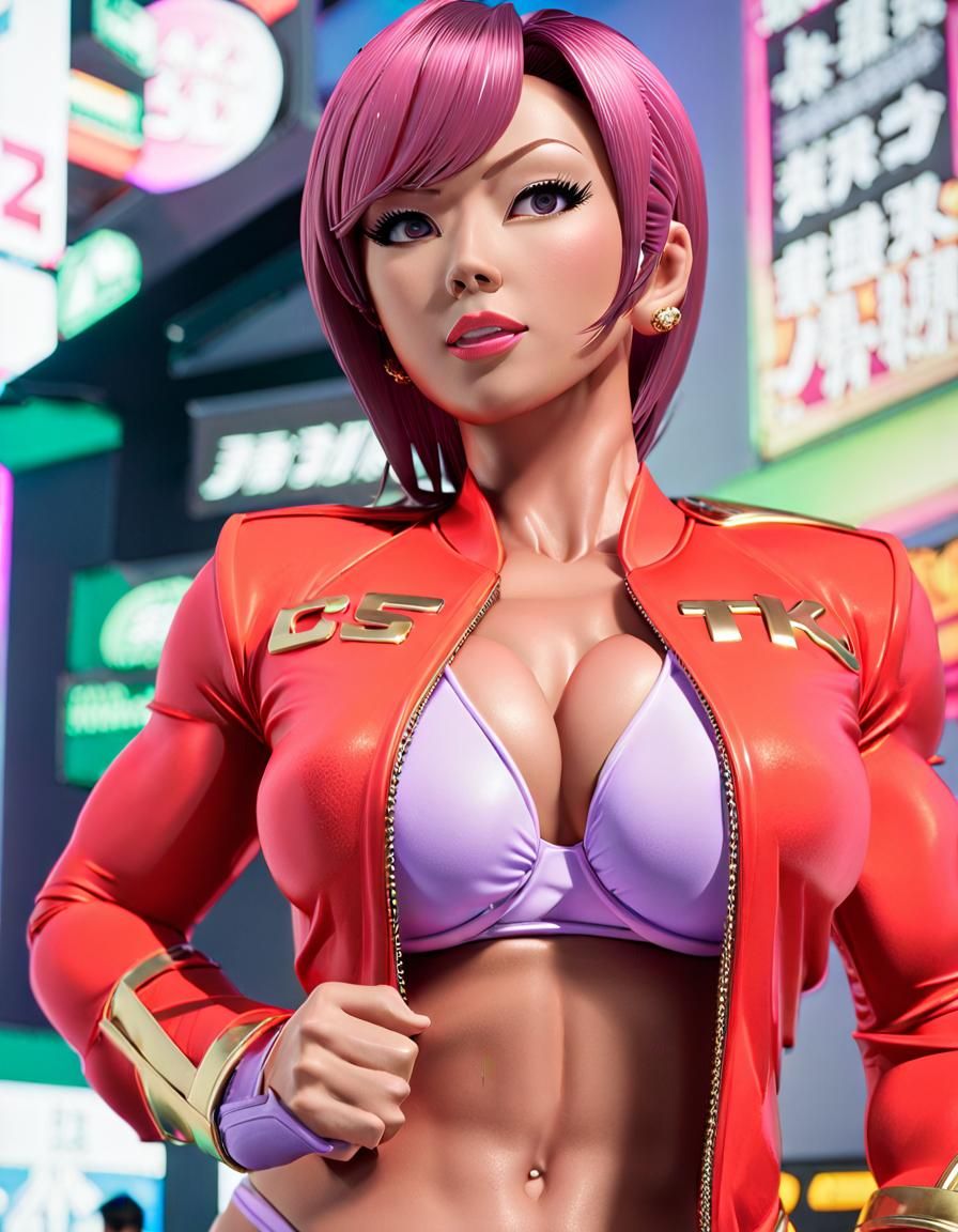 Female Bodybuilder in Pink Bikini: Anime-Style 3D Art