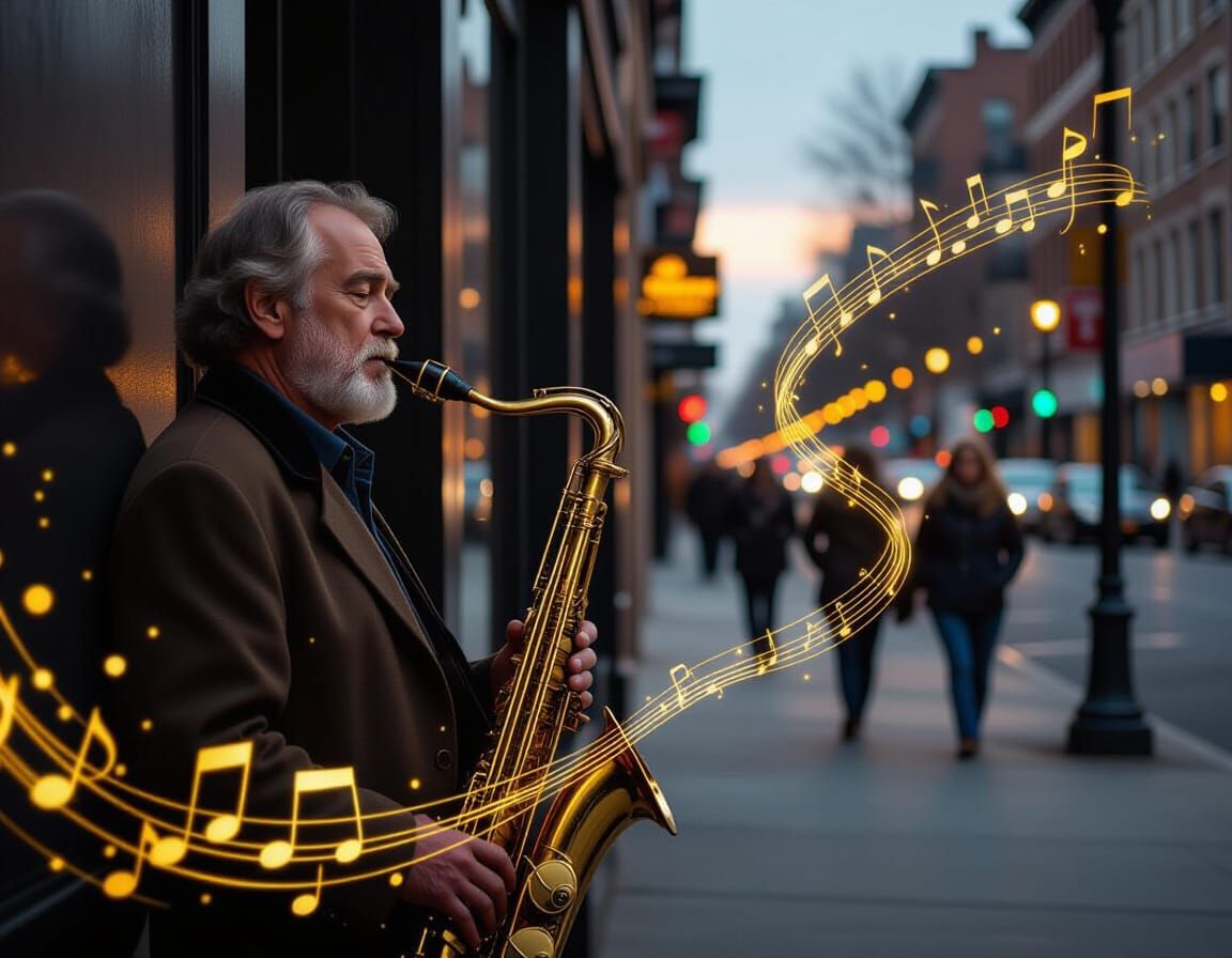 Man Yearning for Companionship in a Surreal Urban Dusk Scene