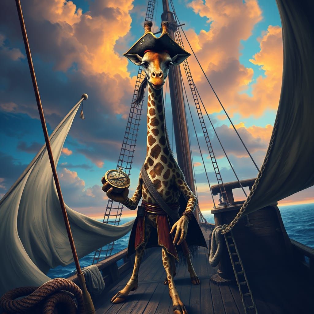 Giraffe Pirate Captain on a Ship Deck