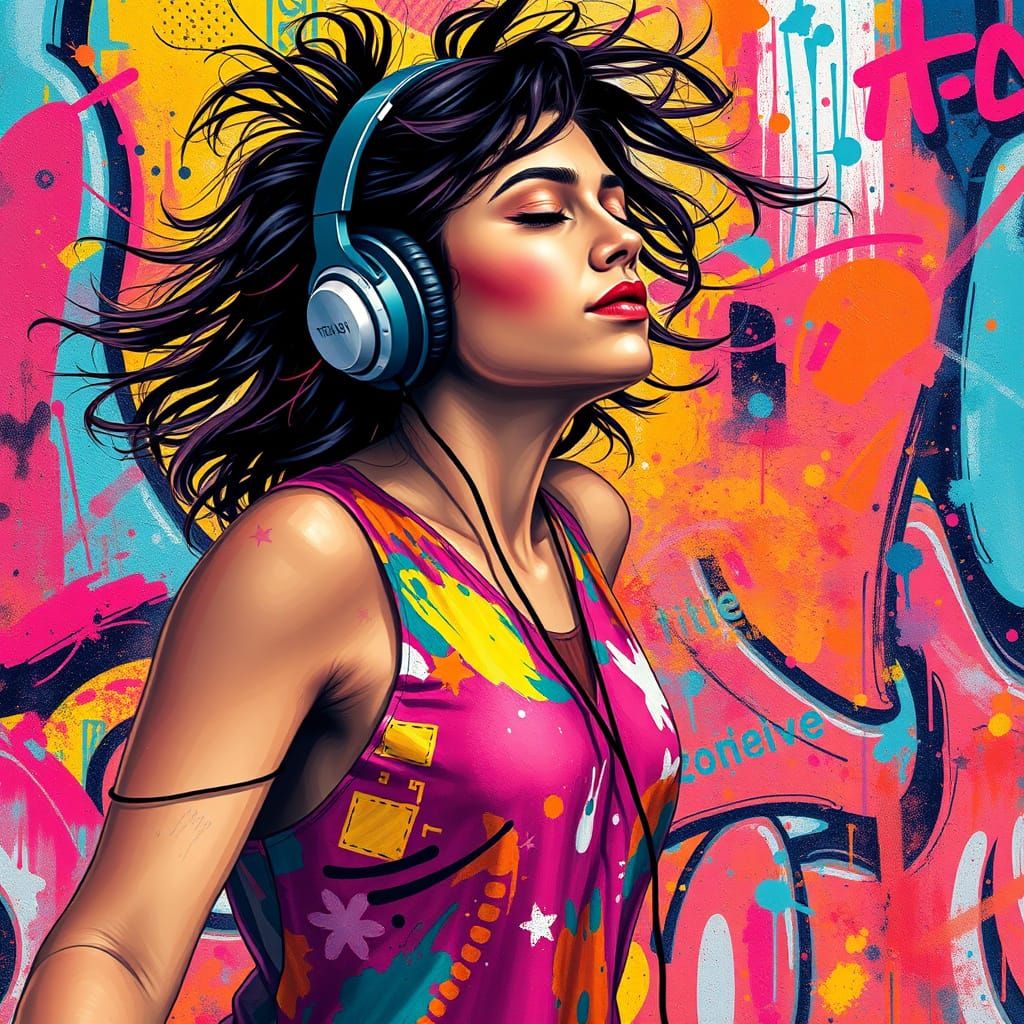Young Woman Dances to Vibrant Graffiti Music