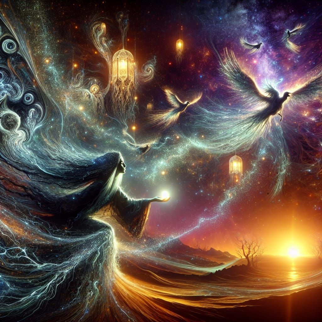 Mystical Dervish Sorceress Rides Comet in Cosmic Sunset