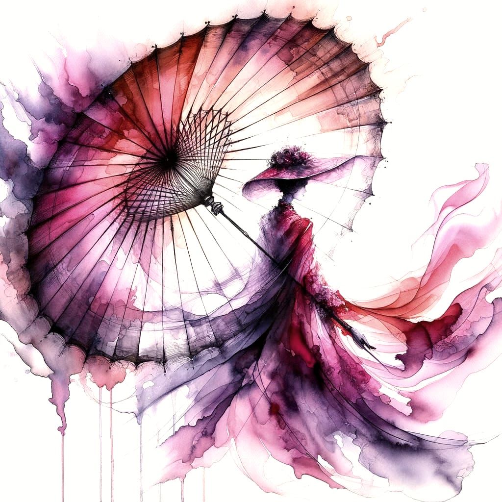 Ethereal Parasol Dance in Deep Purple and Fuchsia Watercolor...