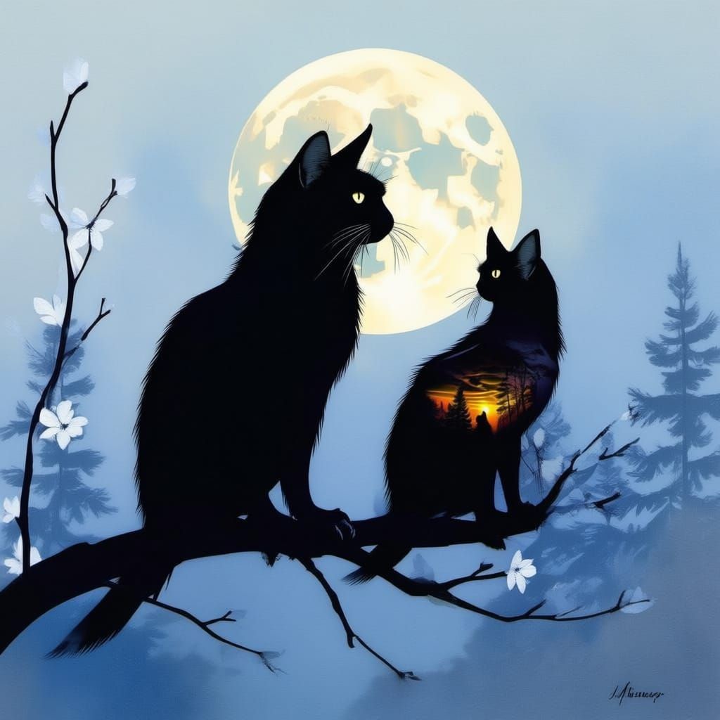 Double Exposure Cat on Branch at Night