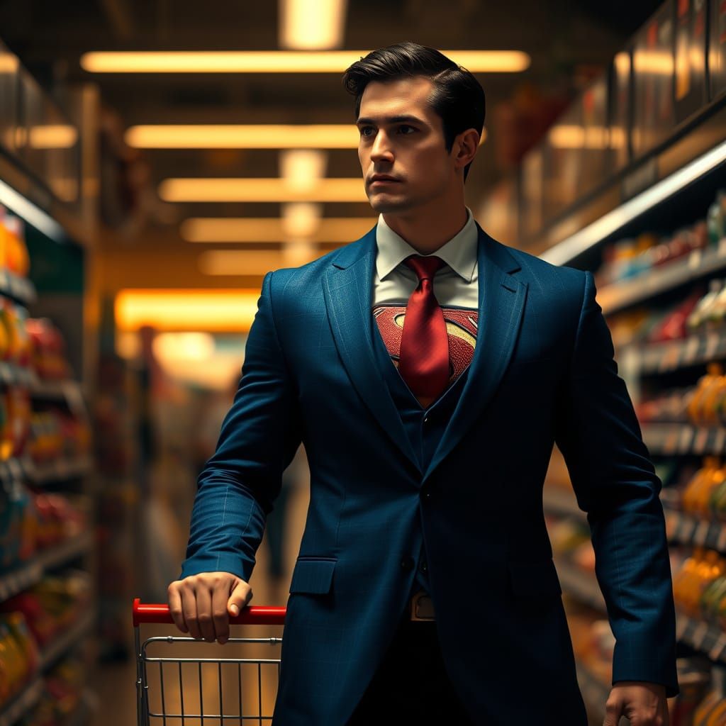 Superman Grocery Shopping in a Cinematic Aisle