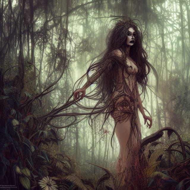 Intricate Forest Witch Disintegrating into Iridescence