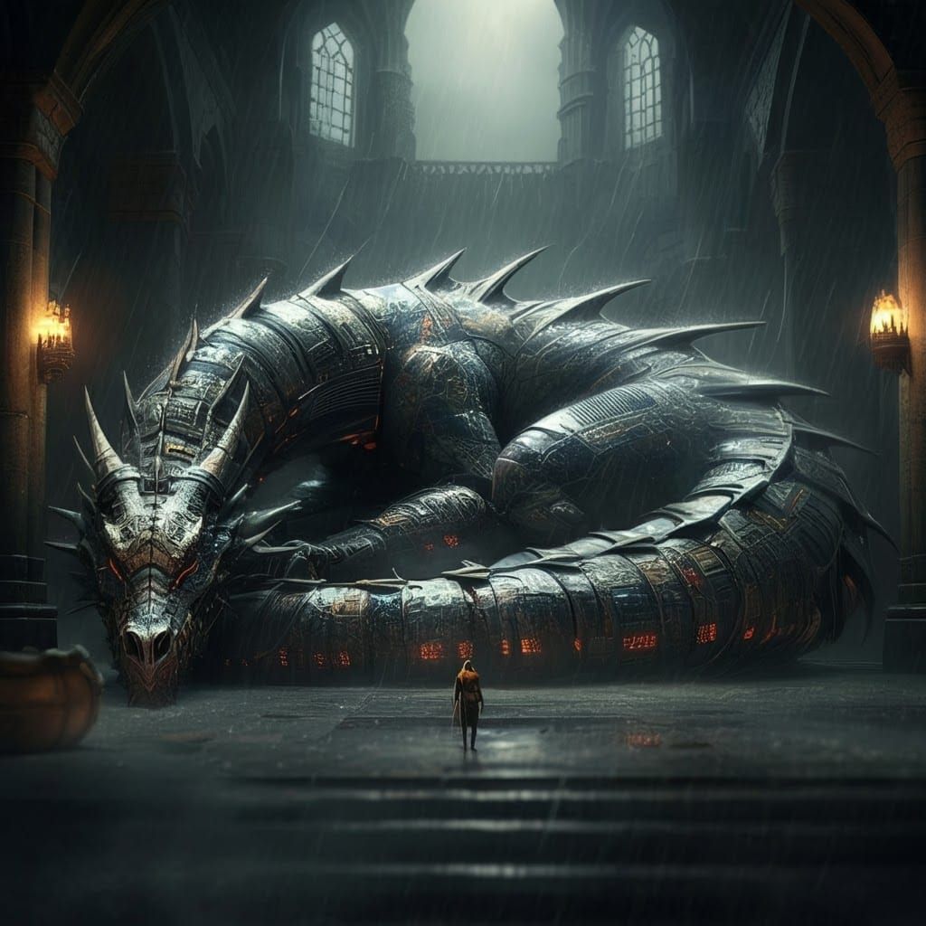 Metallic Dragon Sleeps in Cyberpunk Dungeon
