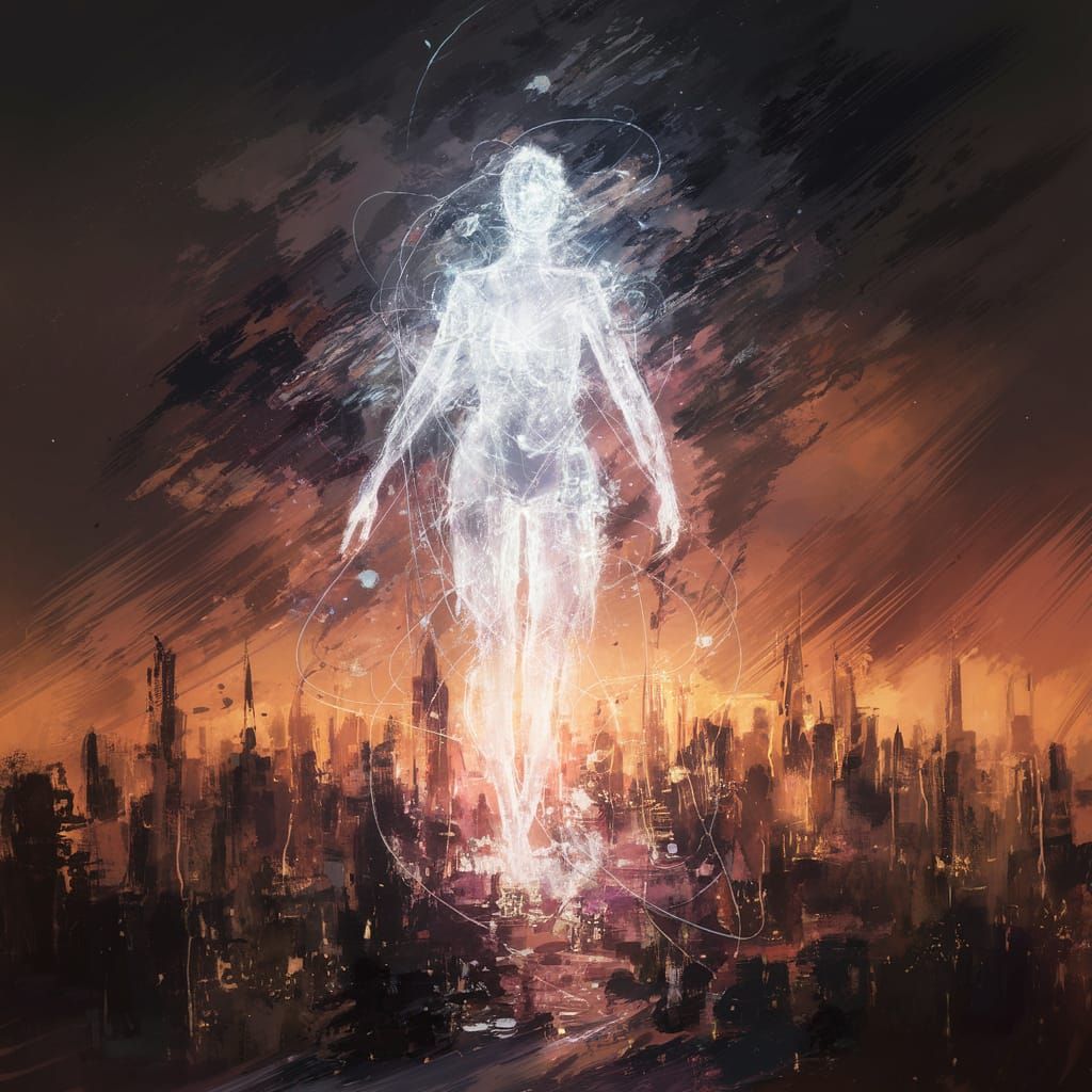 Ethereal Hologram Illuminates Cyberpunk Cityscape at Dusk