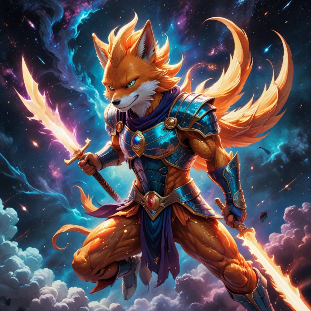 Cosmic Fox-Dragon Warrior Soars Through Nebula