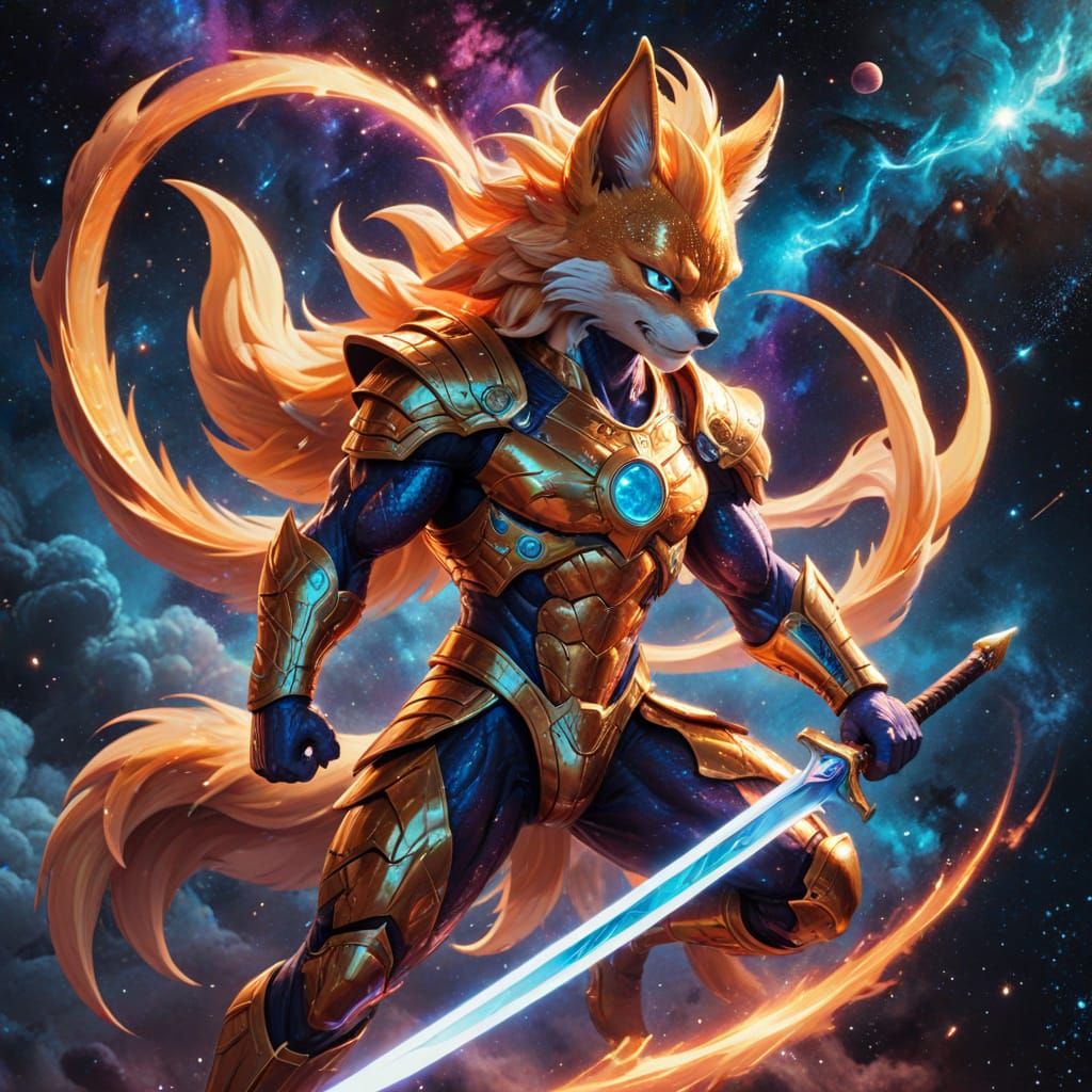 Galactic Fox-Dragon Warrior in Cosmic Armor Soars Through Ne...