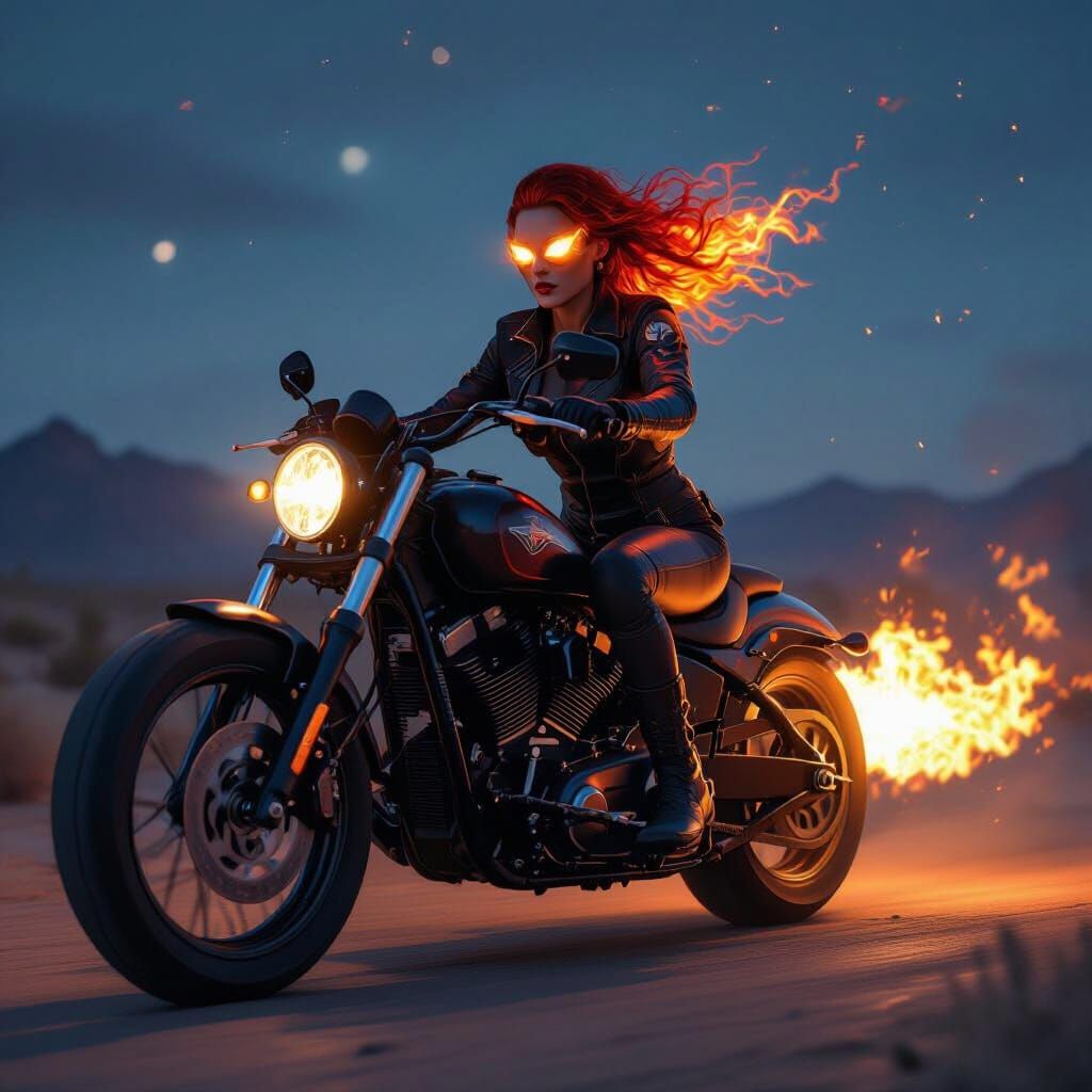Female Ghostrider Roars Through Desert Night