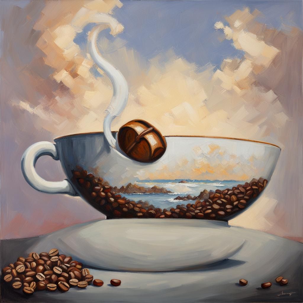 Coffee Beans Near Cap in Oil Painting Style