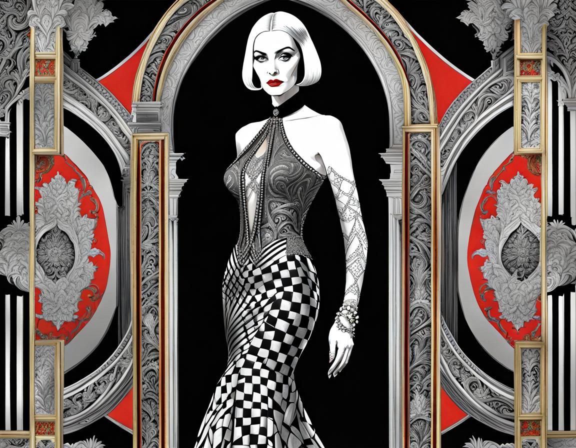 Morticia Addams in Fractal Frock, Fornasetti Style