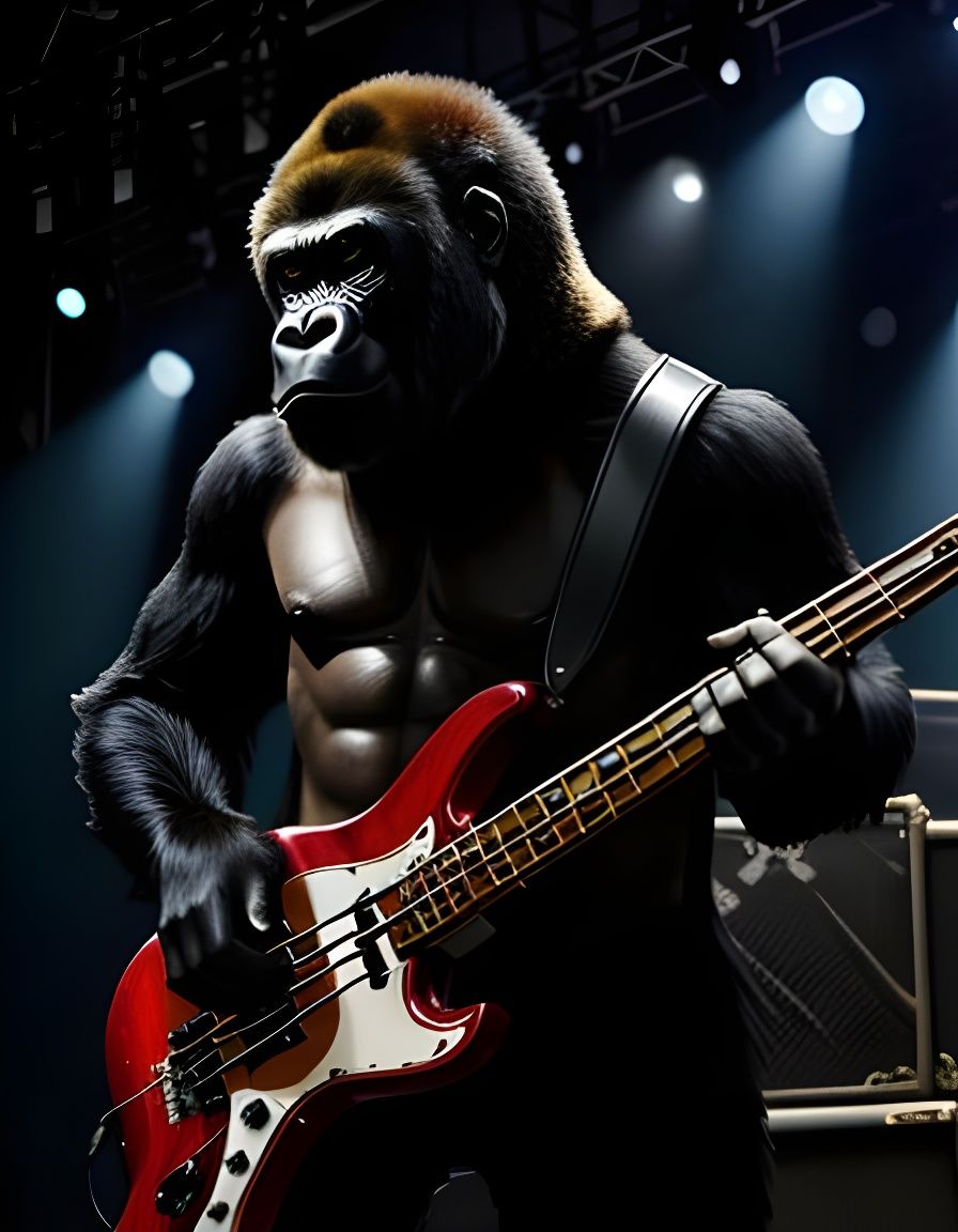 Sinister Gorilla Bassist on Stage, Dark Fantasy Art