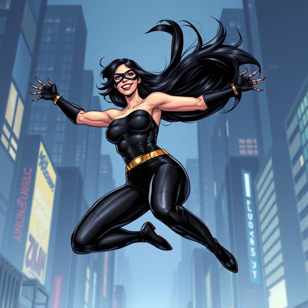 Gothic Woman Leaping in a Neon Cityscape