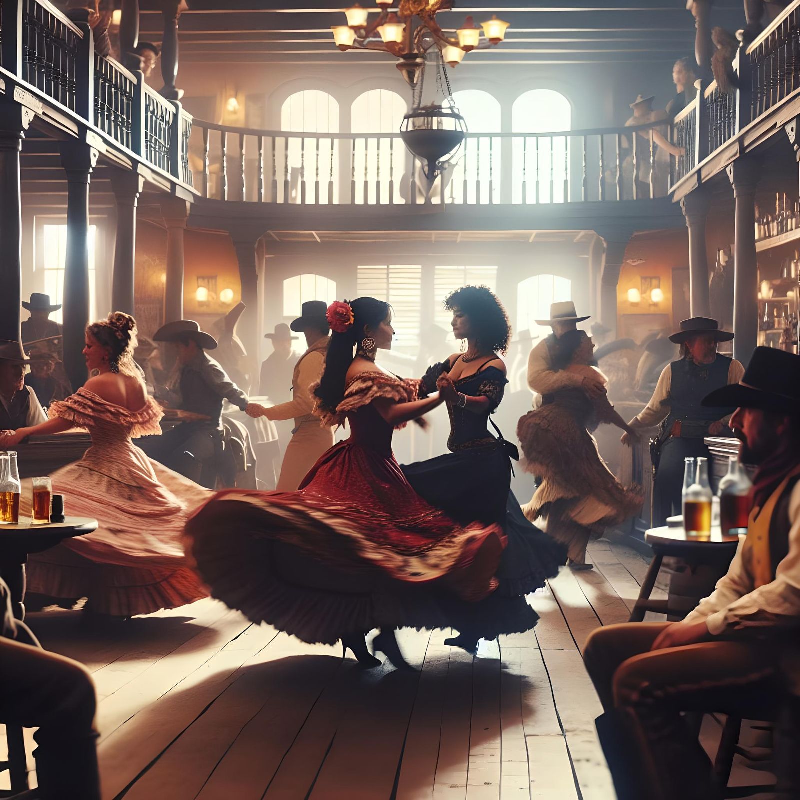 Lively CanCan Dancers in 19th Century Western Saloon