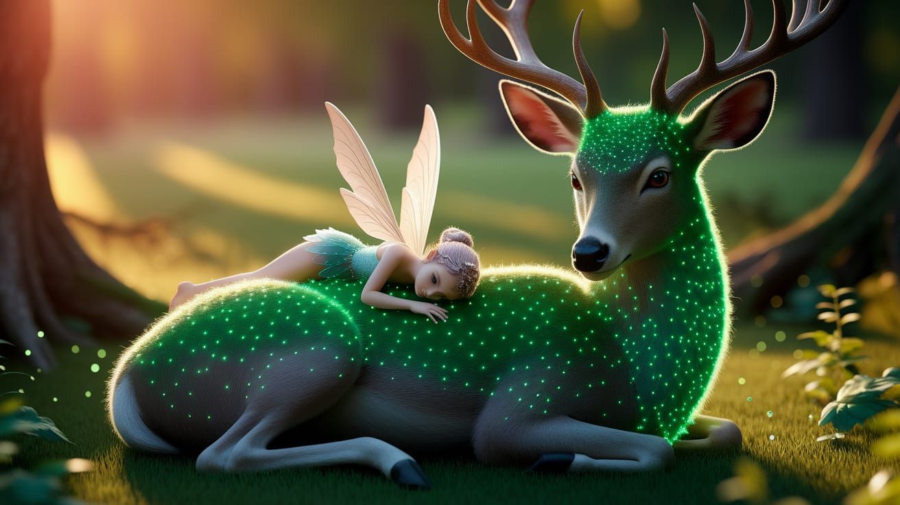 Fairy Cuddling Mystical Deer in Ethereal Forest
