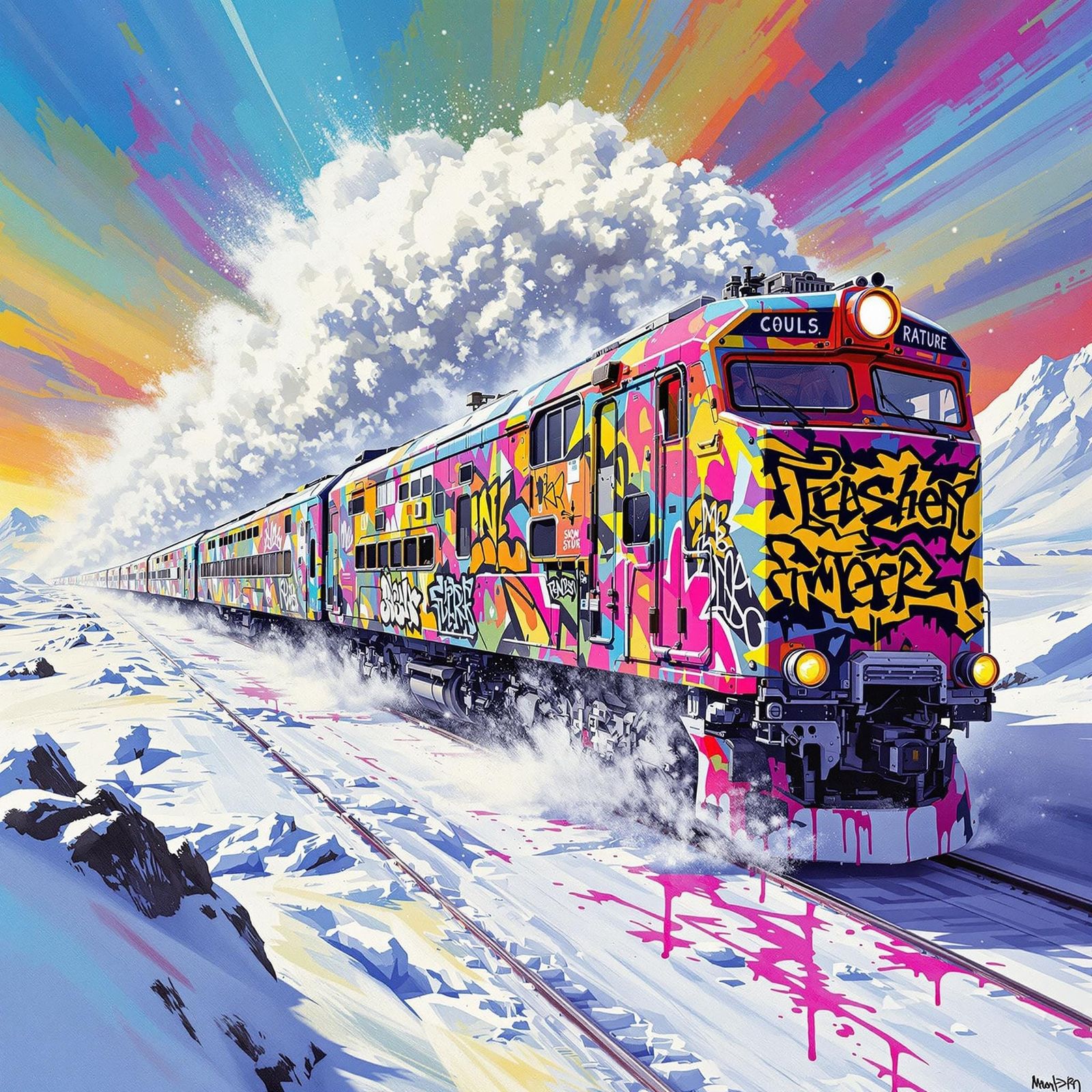 Vibrant Dystopian Train Cars in Cyberpunk Graffiti Style
