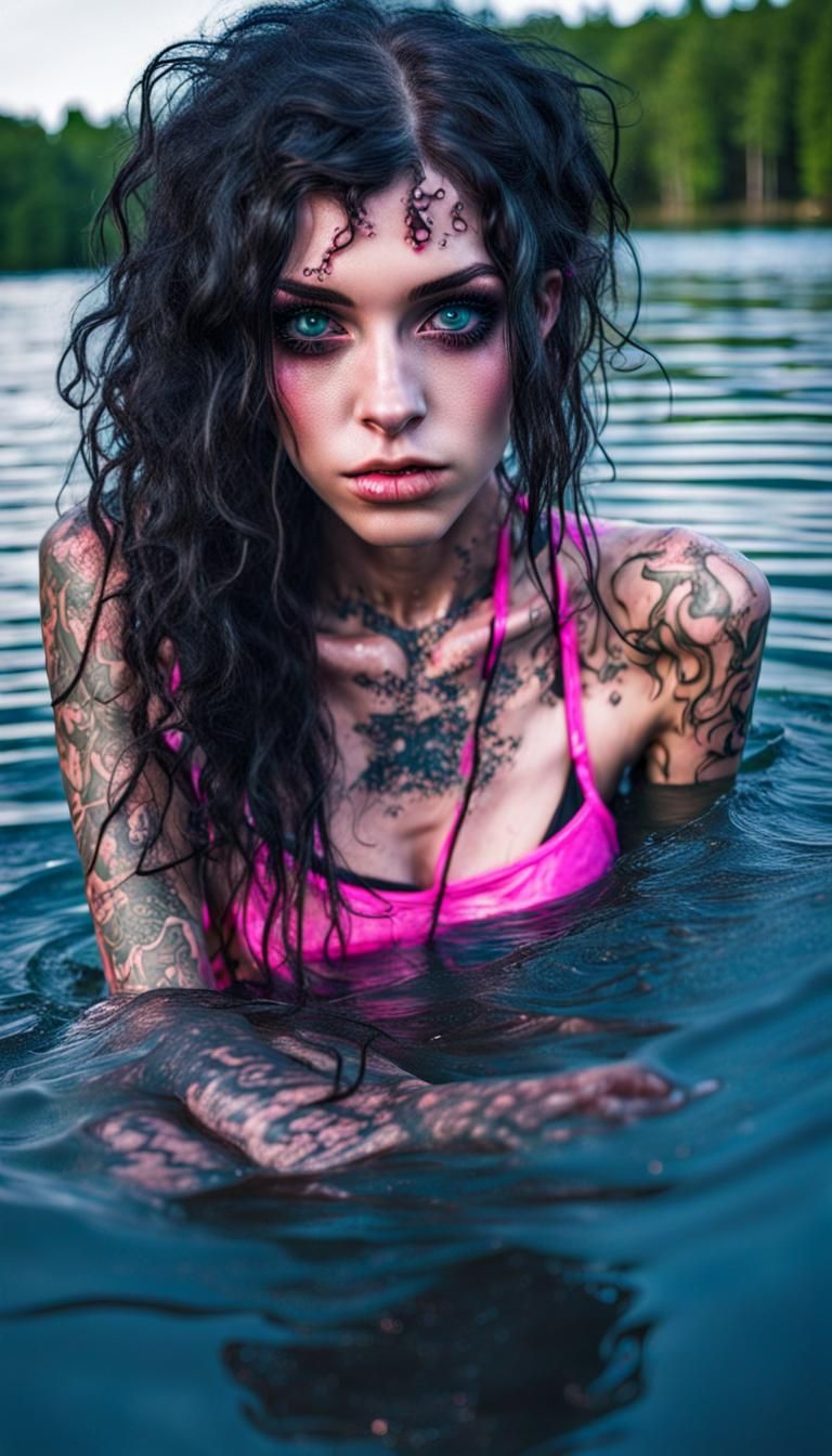 Cute Skinny goth girl, pink goo, liquid micro bikini, blue e...
