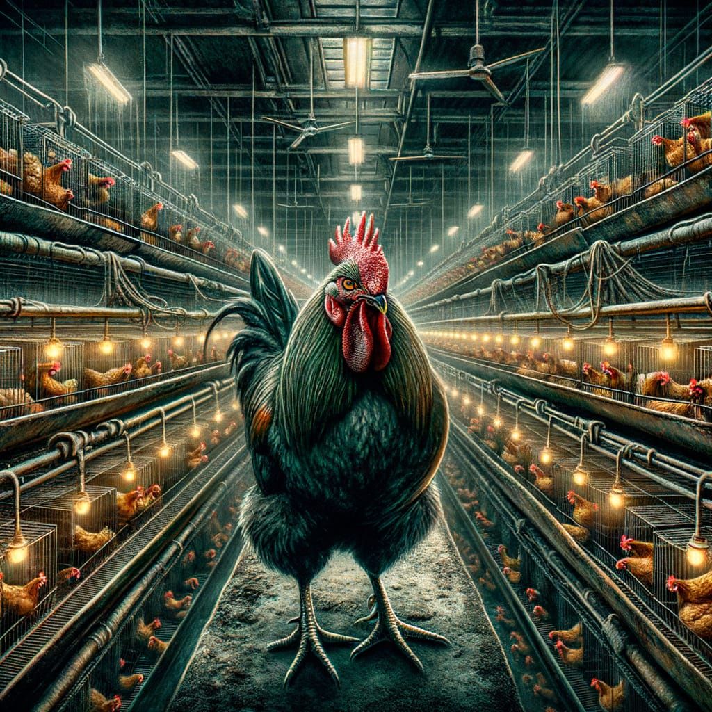 Defiant Rooster in Industrial Chicken Farm