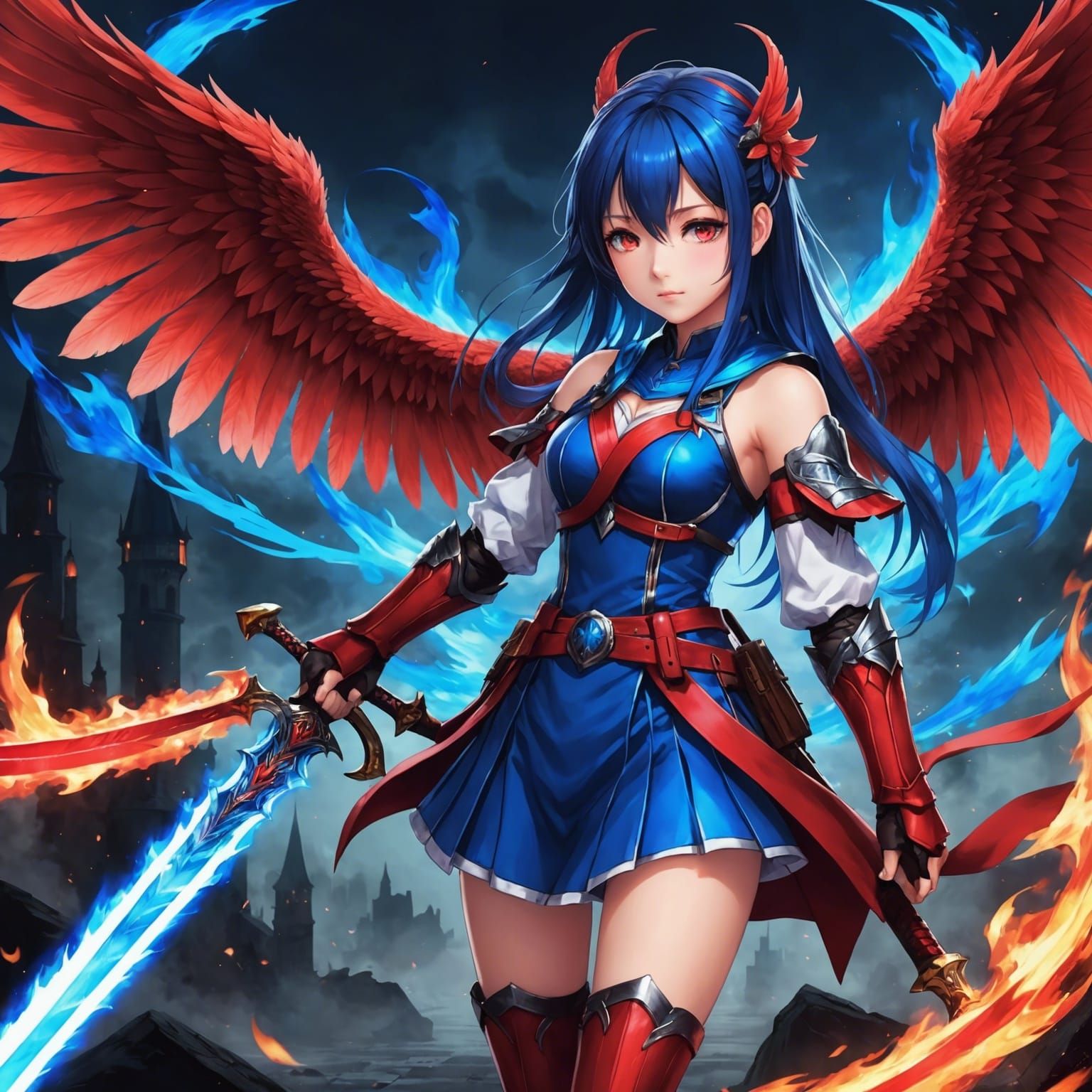 Anime girl with red wings and a blue fire sword