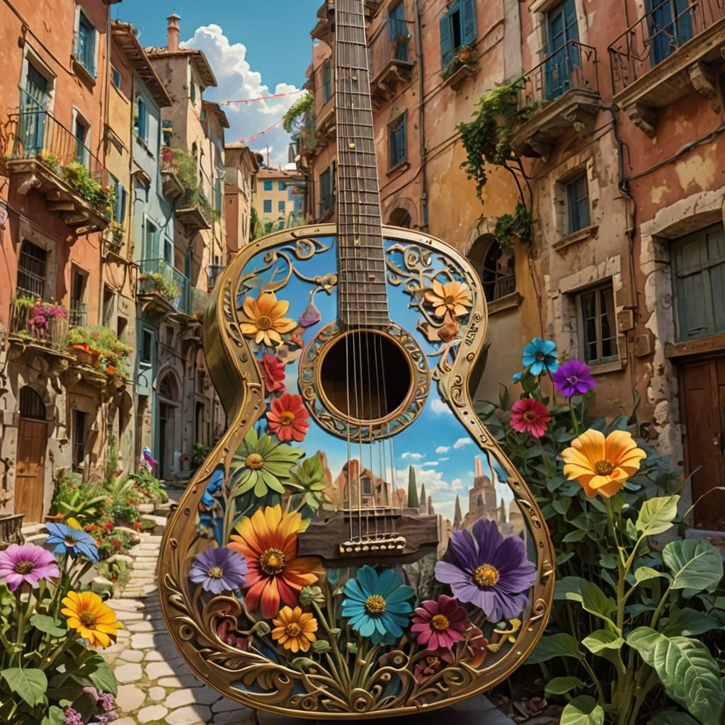 A Giant Guitar in an Old Roman Village <>