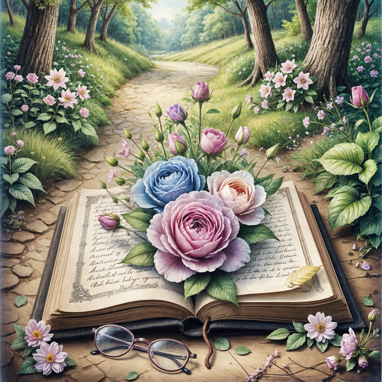 Open Book Blooming Flowers on Forest Path